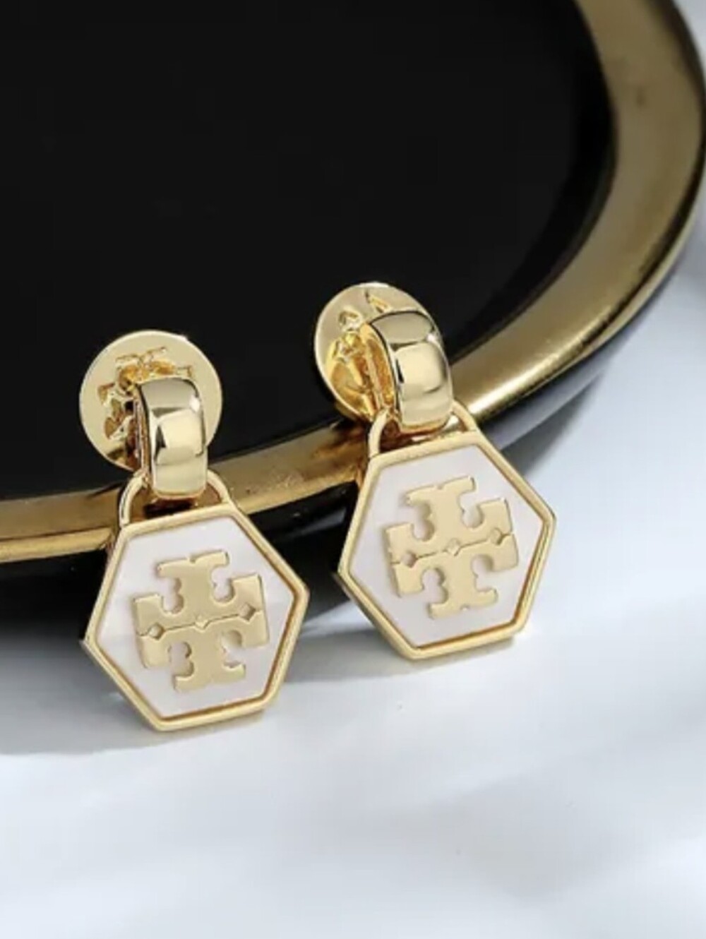 Tory Burch Gold Tone White Hexagon Logo Drop Earrings